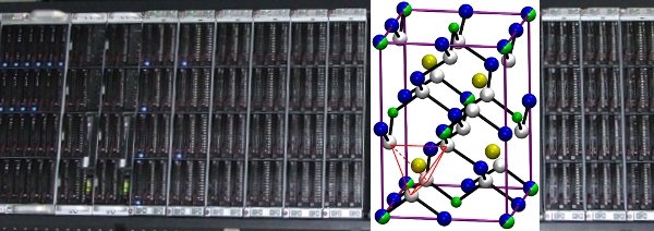 <div style="text-align: justify;"><strong>Figure 1:</strong> Part of our in-hose Linux based high-performance computing cluster together with the atomic model of CuIn<sub>5</sub>Se<sub>8</sub> representing the thin film solar cell materials theoretically investigated by our group.</div>