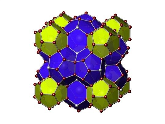 <p>Kristallstruktur einer Clathrat-I Phase mit elektropositiven Metallen in den Käfigen und Gruppe 14 Atomen als Netzwerk. Die grauen Kugeln stellen mögliche Defektpositionen dar.</p>