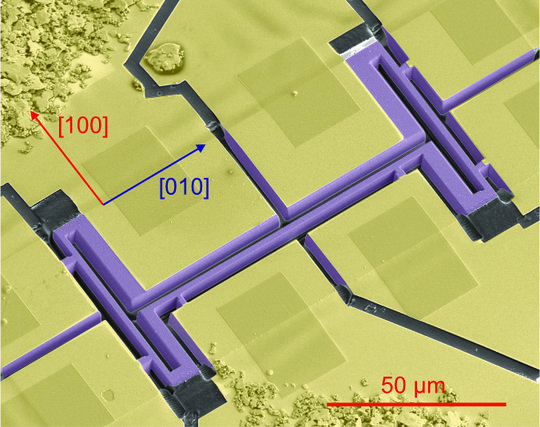 <p>Kristalline Proben von CeRhIn<sub>5</sub> aus Los Alamos wurden am MPI-CPfS mit einem fokussierten Ionenstrahl in mikroskopische, kristalline Leiterbahnen geschnitten.</p>