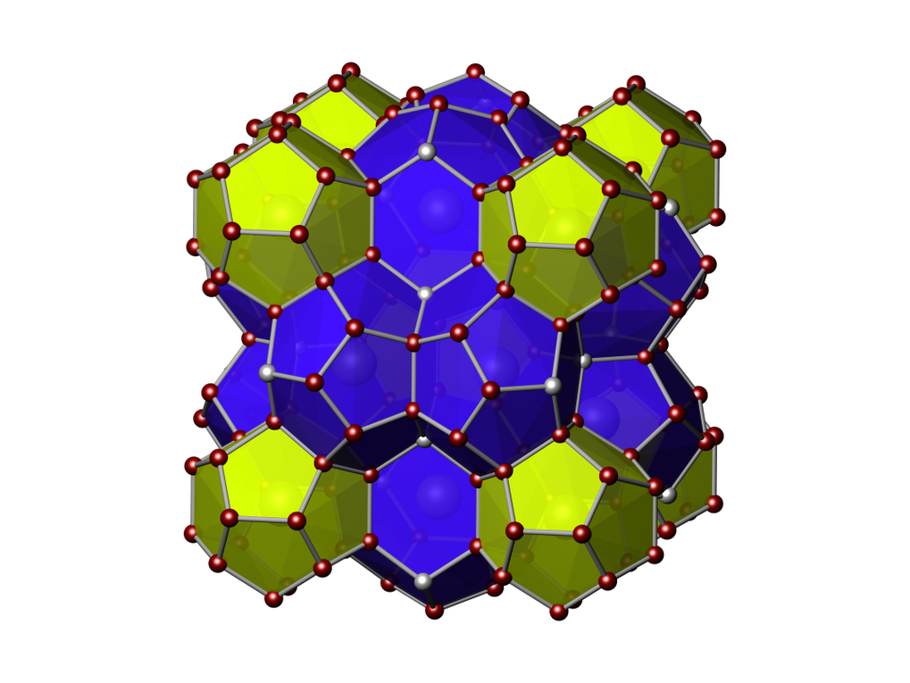 <p>Kristallstruktur einer Clathrat-I Phase mit elektropositiven Metallen in den Käfigen und Gruppe 14 Atomen als Netzwerk. Die grauen Kugeln stellen mögliche Defektpositionen dar.</p>