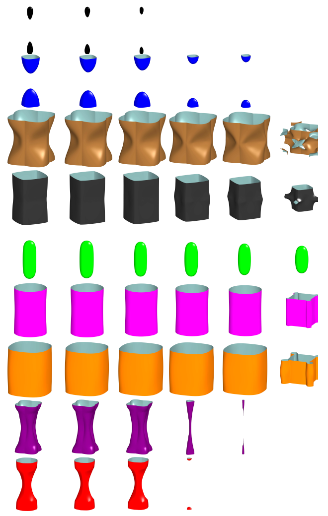 © MPI CPfS <p>Development of the different Fermi surface sheets (FSS) with increasing pressure from left to right. As it is characteristic for an electronic topological transition, some of the sheets disappear in a very small pressure range, like the purple or red FSS in the lower rows.</p>
