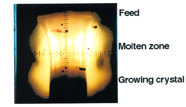 <strong>Figure 1.</strong> Crystal growth of a boron carbide crystal inside a mirror furnace. Heating was performed with a high pressure Xe arc-discharge lamp.