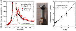 (left) Magnetic response in the normal state (black) and superconducting state (red) of CeCu2Si2. A spin excitation gap opens in the superconducting state of CeCu2Si2.
(right) Inverse lifetime of the spin fluctuations versus temperature in the normal state of CeCu2Si2. With decreasing tempeature the lifetime almost diverges as expected near a QCP.