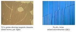 Image showing polarized light on YCo5 grains with dark brown magnetic domains and etched Fe4Al13 twins microstructure in blue tones.