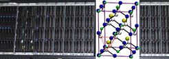 Figure 1: Part of our in-hose Linux based high-performance computing cluster together with the atomic model of CuIn5Se8 representing the thin film solar cell materials theoretically investigated by our group.