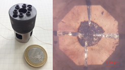 Figure 1: Diamond anvil cell (left) and the sample of Ag2Se at pressure 30 GPa (right) confined in the insulating gasket with 4 electrodes (catted from 5 μm thick Pt-foil) for the electrical resistivity measurements as seen through the diamond anvil