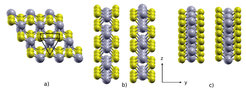 Figure 3: Crystal structure of bulk hexagonal MoSe2 (a), where a trigonal prism is highlighted with black color as a structural unit with one Mo atom in the trigonal prismatic hole of six Se atoms. The (10-10) and (11-20) surfaces of MoSe2 are shown in subfigures (b) and (c), respectively, where the slabs representing the surfaces are repeated periodically along the x and y directions, and the surfaces are perpendicular to the z axis.