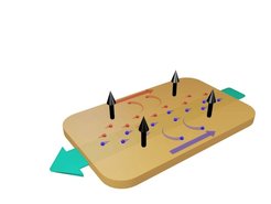 High resistance thanks to fast electrons: The charge carriers (blue: electrons, red: holes) of a conductor are deflected from their original direction of flow (green arrow) by a magnetic field (black arrows). The faster the electrons are moving, the more strongly they are deflected from the original direction of flow and the greater is the electric resistance. This effect is especially large in niobium phosphide, as the material possesses especially fast electrons.