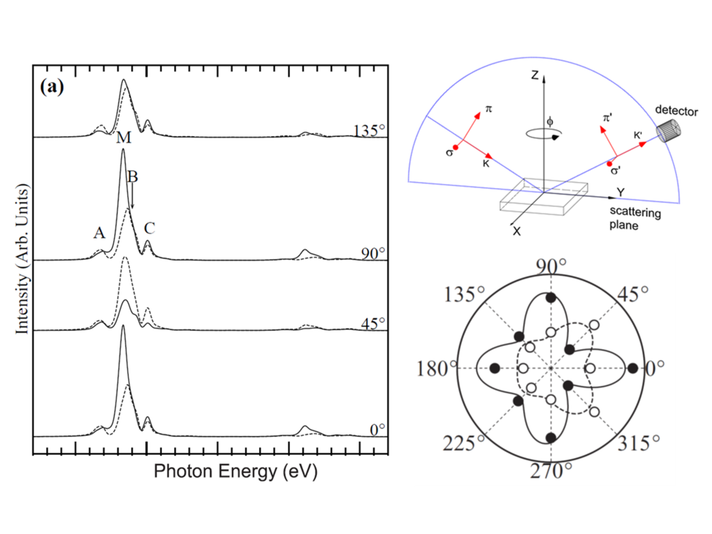 Theoretical energy and polarization dependence of the (001/2)c reflection intesities for varioius azimuth angles with the COO state with P2/c symmetry in the initial srtate. One the right, the polar plot of Fe L3 maximum peak as a function of azimuth angle from the theory is compared with the experimental one from a thin layer of magnetite partially detwined by growth on the stepped MgO (001) substrates.