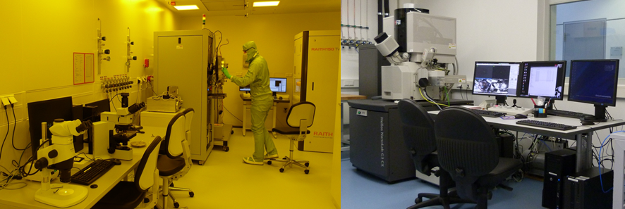 Figure 1: The clean room (left) and the Focused Ion Beam system (right).