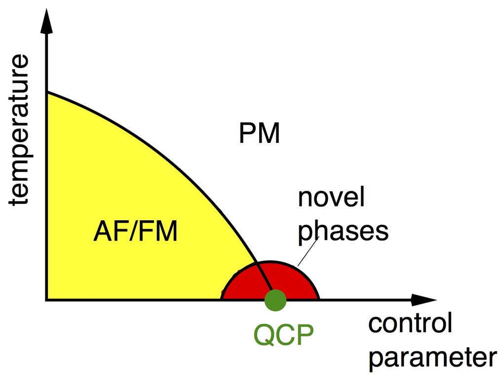 Schematic phase diagram of a quantum critical point (QCP) with the occurrence of novel phases near the QCP from an antiferromagnetically (AF)/ ferromagnetically (FM) ordered ground state to a disordered paramagnetic (PM) ground state at zero temperature.