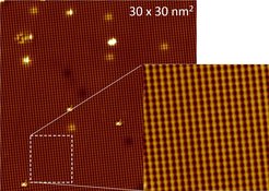 Atomically resolved surface topography of SmB6 indicating a very low defect density. Zoomed inset: the square arrangement of the surface atoms results from the cubic lattice structure of SmB6 and suggests a B-terminated surface.
