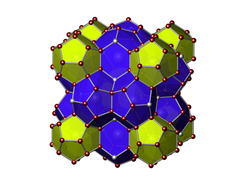 Clathrate-I structure with electropositive metal atoms in the cages and group 14 elements forming the framework. Gray spheres represent possible defect positions.