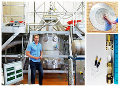 Fig.2) Left: picture of the water-cooled, resistive Bitter magnet at the HFML in Nijmegen. The magnet can reach a static field of 37.5 T and is cooled by a huge water flow of 10 000 l/min. In spite of the hereby-caused vibrational noise we could resolve changes in length of ΔL ≈ 10-11 - 10-10 m. Top right: A view down of the huge magnet coils and the very limited space in the middle. Bottom right: mini-dilatometer mounted on a very large probe (2 m). The ruler measures cm. For more details, see Rev. Sci. Instrum. 88, 083903 (2017).