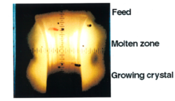 Figure 1. Crystal growth of a boron carbide crystal inside a mirror furnace. Heating was performed with a high pressure Xe arc-discharge lamp.