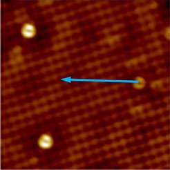 Atomically resolved surface of SmB6 substituted with 0.5 at.% Gd (bright spots). The impact of the magnetic Gd on the surface state was investigated by conducting tunneling spectroscopy along positions indicated by the blue arrow.