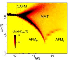 Differential magnetic susceptibility dm/dH obtained by differentiating magnetization with respect to the magnetic field. The color scale represents a magnitude of dm/dH. AFM-a, AFM-b, and CAFM mark two antiferromagnetic and the canted antiferromagnetic regions of the phase diagram. The metamagnetic texture (MMT) was observed in a funnel-like region between AFM-a and AFM-b via small-angle neutron scattering measurements.