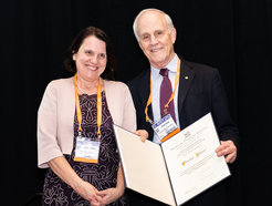 APS Prize & Award Ceremony. Receiving McGroddy Prize: Claudia Felser with 2019 APS President David Gross