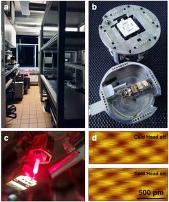 Laboratory interior featuring equipment and shelving, an open casing showing internal components, a red laser operation on a device, and two thermal maps illustrating the effect of temperature regulation.