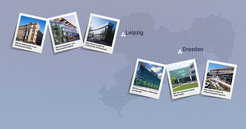 A grey background depicting a German map showing the locations of Leipzig and Dresden, with five photos made to look like polaroids in the foreground which show the first five Max Planck Institutes in East Germany (MPI for Mathematics in the Sciences, MPI for Evolutionary Anthropology, MPI for the Physics of Complex Systems, MPI for Human Cognitive and Brain Sciences, MPI of Molecular Cell Biology and Genetics).