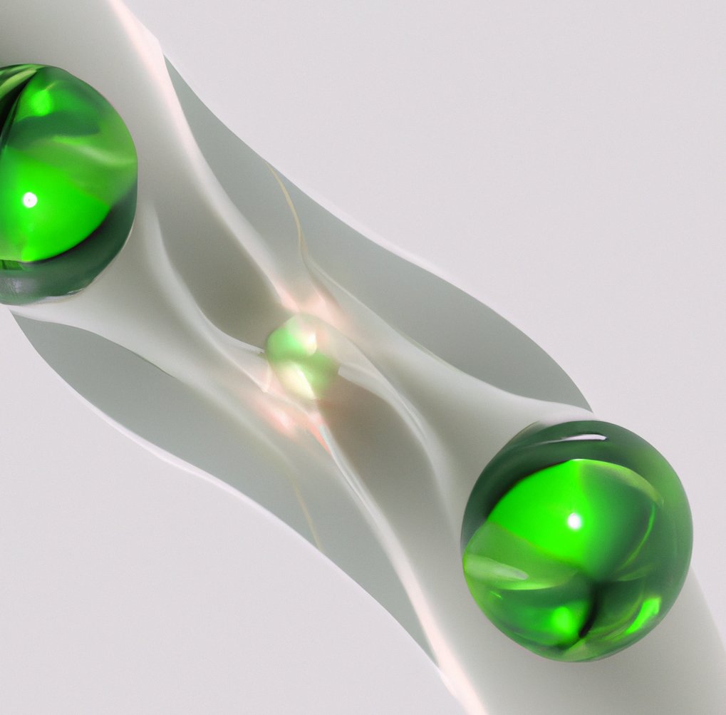 Two vibrant green spheres are connected by a glossy, translucent structure that appears to glow at the center, creating a seamless link.