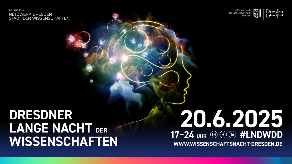 Grafik eines Kopfes mit bunten Lichtmustern und Veranstaltungsdetails zur Dresdner Wissenschaftsnacht.